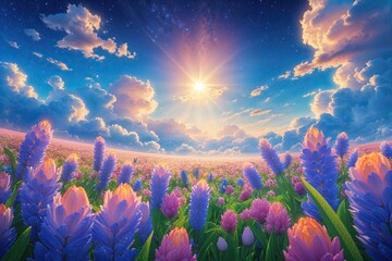 Stunning View of Bright Blue Sky Sunlit Clouds in Lively Spring Landscape