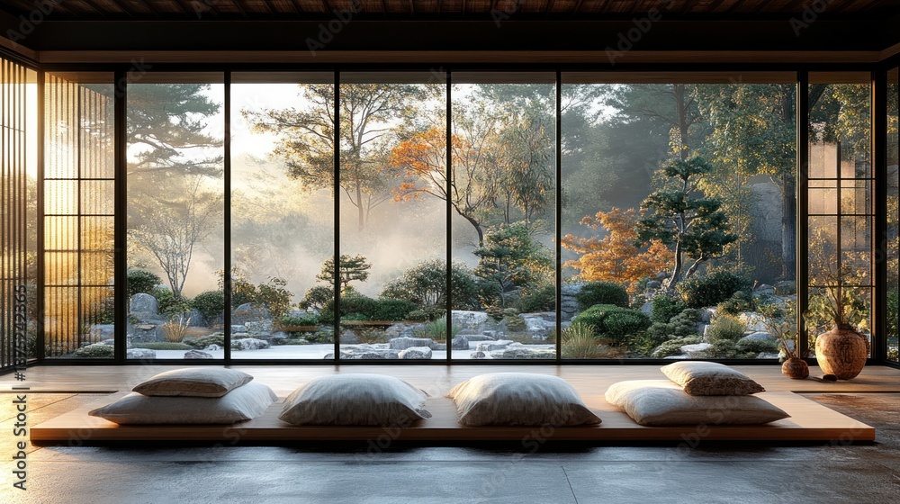 Poster serene minimalist room with large windows overlooking a misty autumn garden.