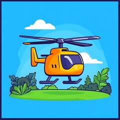 A brightly colored cartoon helicopter flying above green grass and blue sky