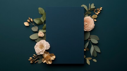 Elegant navy blue wedding invitation adorned with flowers and leaves for romantic occasions