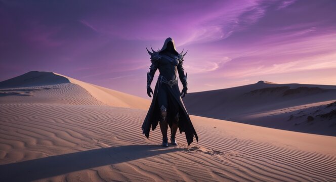Shadow mage on sandy dunes with purple sky background
