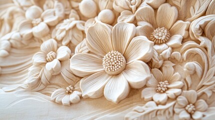 Intricate Carved Floral Design in Natural Wood Texture and Detail