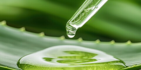 A close-up of a dropper releasing liquid onto a green aloe vera leaf, showcasing the plant's natural essence and freshness.