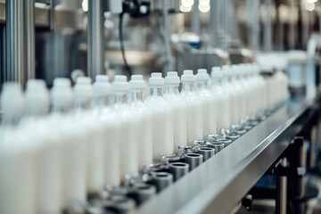 Obraz premium Milk Bottles Moving on Automated Conveyor Belt in Food Production Plant