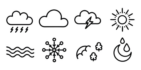Obraz premium Weather icon set with sun, clouds, rain, and storm symbols