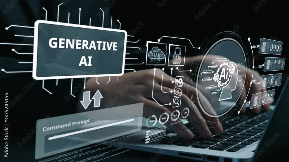 Poster human interact with ai artificial intelligence brain processor in concept of ai artificial intellige