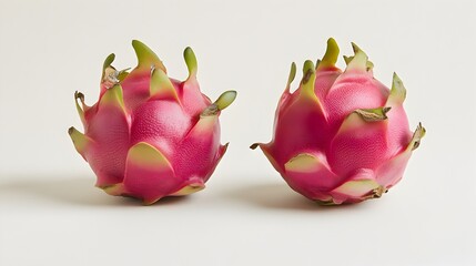 Fototapeta premium Two vibrant pink dragon fruits sit side by side against a clean white background showcasing their exotic beauty and unique texture.