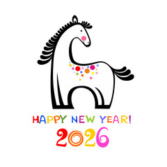  Horse, symbol of 2026 year according Chinese calendar. Print design with animal for greeting cards, posters, banners. Year of the Horse. Happy Chinese New year.  Vector illustration in flat style.