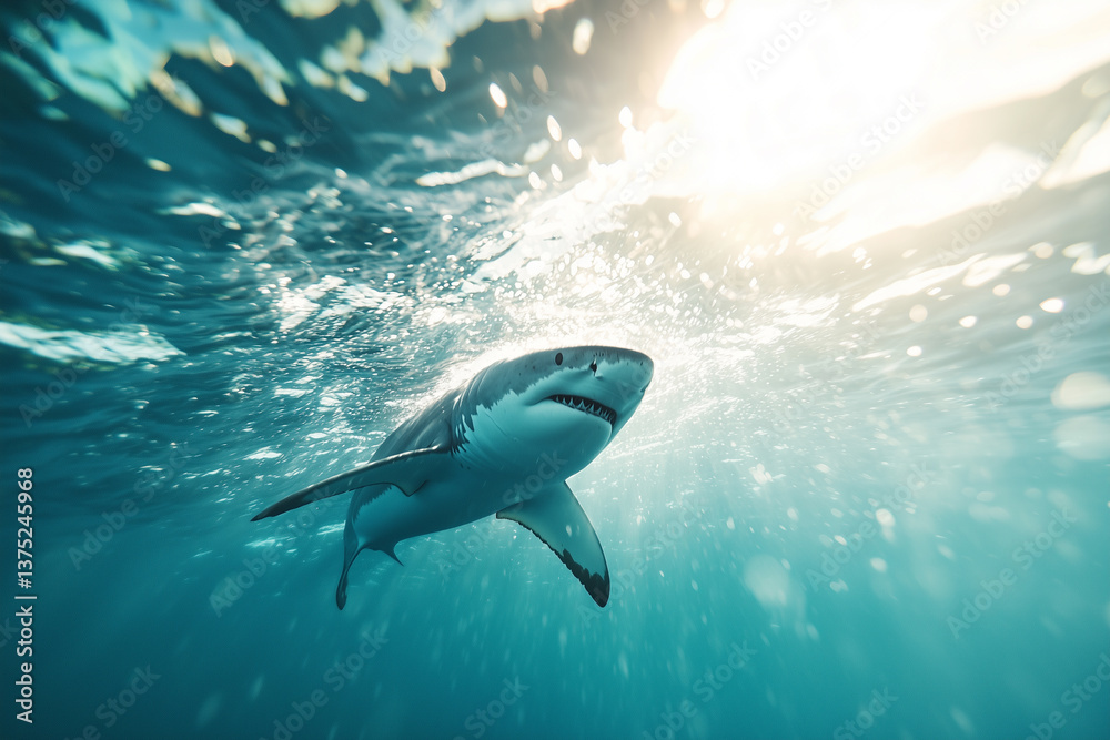 Poster dynamic shot of shark swimming towards camera with sunlight filtering through water, creating dramatic effect