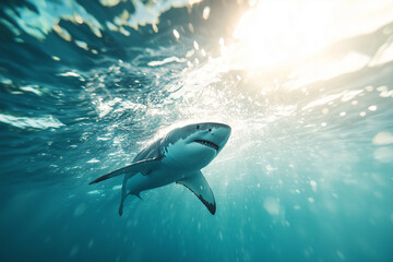 Fototapeta premium dynamic shot of shark swimming towards camera with sunlight filtering through water, creating dramatic effect