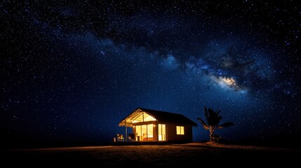 Milky Way Nightscape: Illuminated Beach Hut Under a Starry Sky
