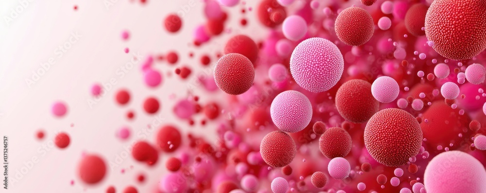 Aufkleber Abstract pink and red spheres float and cluster in a dynamic 3D rende; a vibrant, textured background.