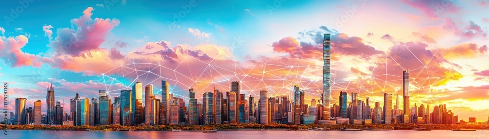 Poster a vibrant cityscape skyline at sunset with colorful clouds and digital network connections.