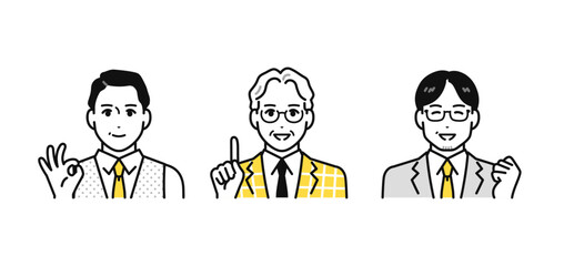 笑顔で説明をする専門家のミドル世代・シニア世代の男性のシンプルな人物アイコンセット