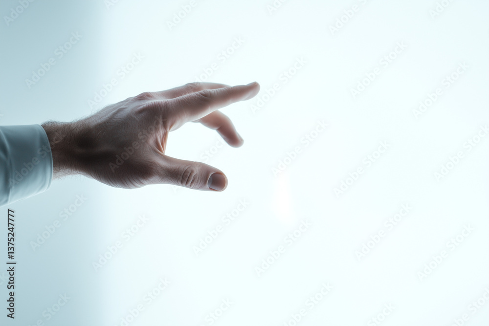 Poster hand reaching out in minimalistic, futuristic setting, evoking sense of interaction and technology
