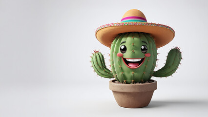 cheerful cactus wearing sombrero in pot, radiating joy and playfulness. This minimalist 3D render captures fun and whimsical character, perfect for adding touch of happiness to any space