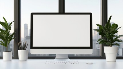 A modern desktop computer with blank screen sits on a white desk near plants and a city view.