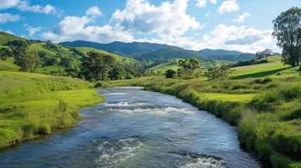 Serene river flowing through lush green valley under a bright sunny sky.