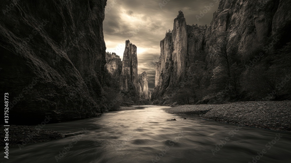 Poster serene river flows through a dramatic, dark canyon with towering rock formations under a brooding sk