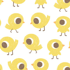 Different cute chicks drawn with crayons, seamless pattern