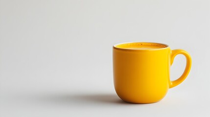 A vibrant yellow coffee mug sits on a plain light grey background showcasing its simple elegant design and perfect shape.