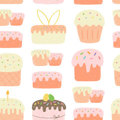 Seamless pattern with various Easter cake painted with crayon