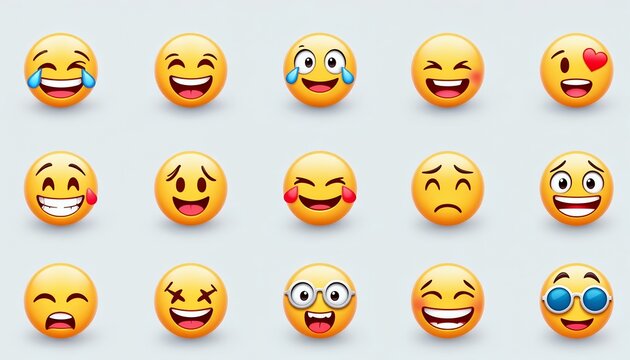 Group of Yellow Circle Emoticons Expressing Various Emotions and Feelings