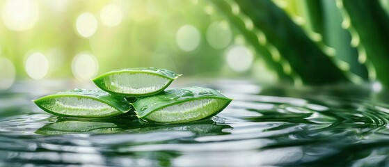 A serene image of aloe vera leaves floating on water, surrounded by a soft, blurred green background, evoking freshness and tranquility.