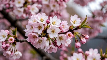Fototapeta premium Close-Up of Pink Cherry Blossoms in Full Bloom with Delicate Petals and Yellow Stamens