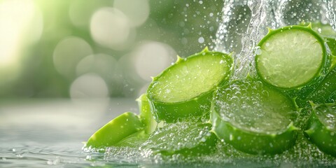 Fresh aloe vera slices splash in water, showcasing their vibrant green color and health benefits in a refreshing, natural setting.