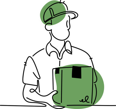 recommend clip art: Simple line art of a delivery man in uniform holding a parcel, ideal for logistics, shipping, and courier service concepts.
