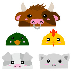Cow, Duck, Chicken, Pig, and Cat Cartoon Faces vector. Vector design of farm animals. Animal Faces with Half-Circle Shapes. Cute Cartoon Animal Faces