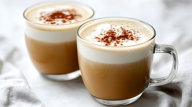 Two delicious creamy lattes topped with cinnamon in clear glass mugs on a white linen background perfect for cafe menus or coffee shop advertisements.