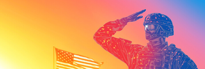 Proud Service: American Soldier’s Salute Illuminated by a Glowing Flag in the Background

