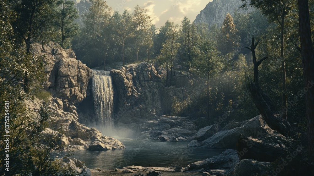 Poster serene waterfall cascading into a tranquil pool surrounded by lush forest and rocky terrain.