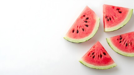 Four juicy watermelon slices arranged on a bright white background offer a refreshing summer treat perfect for healthy eating.