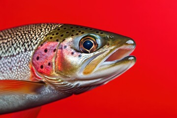 A beautiful fish is seen close up against a red background