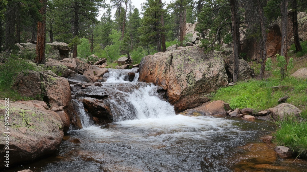 Poster serene waterfall cascading over rocks in a lush forest.