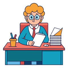 Vector illustration of a teacher at the table in the process of checking students' work