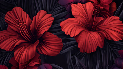 Obraz premium Vibrant red hibiscus flowers with dark foliage create beauty