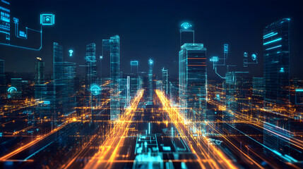 Obraz premium A cityscape with a lot of lights and a lot of technology