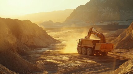 Open-pit mining operation at sunrise.  Heavy machinery in action