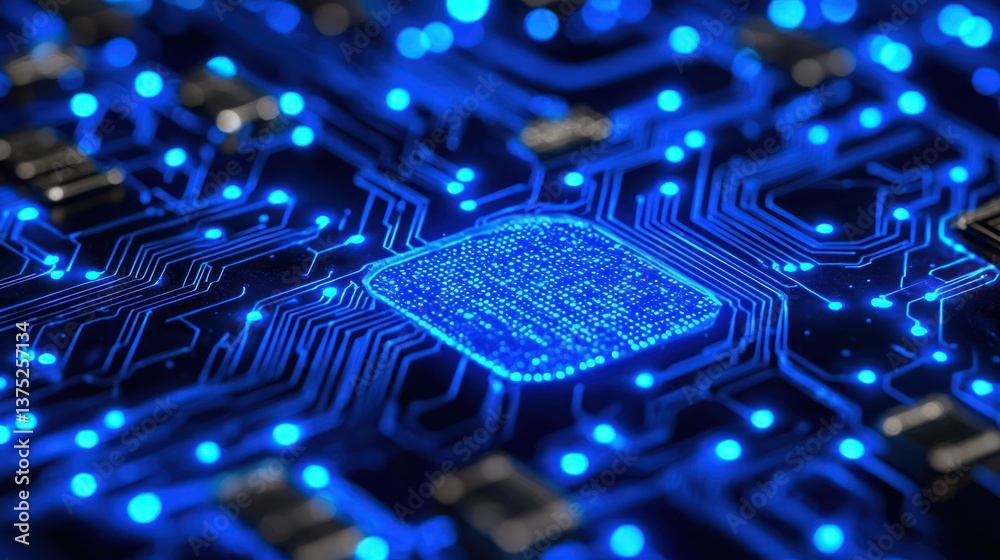 Poster illuminated circuitry: a close-up view of a microchip's intricate design