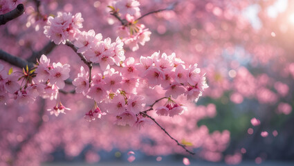 Vibrant Cherry Blossoms in 8K with Soft Sunlight and Bokeh