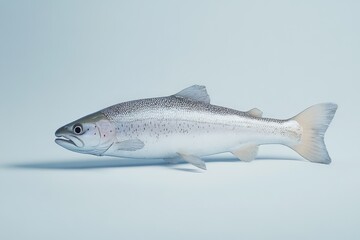Obraz premium A Silver Fish Lies Isolated Against a Pale Blue Background