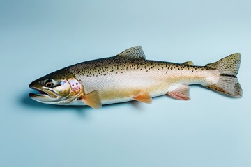 Obraz premium A single salmon fish lying on a smooth blue surface