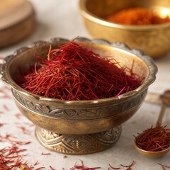 Fototapeta premium Saffron Threads Pile in Golden Bowl, Culinary Still Life, Spice Closeup, Elegant Texture