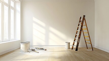 Empty room awaiting renovation.  Fresh paint supplies and ladder in place