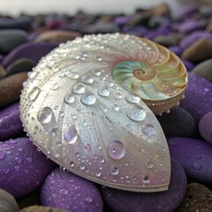 Obraz premium Nautilus Shell with Water Droplets on Colorful Pebbles CloseUp, Natural Light