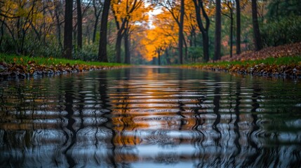 Obraz premium Autumnal Reflections: A Serene Pathway Mirrored in Still Waters